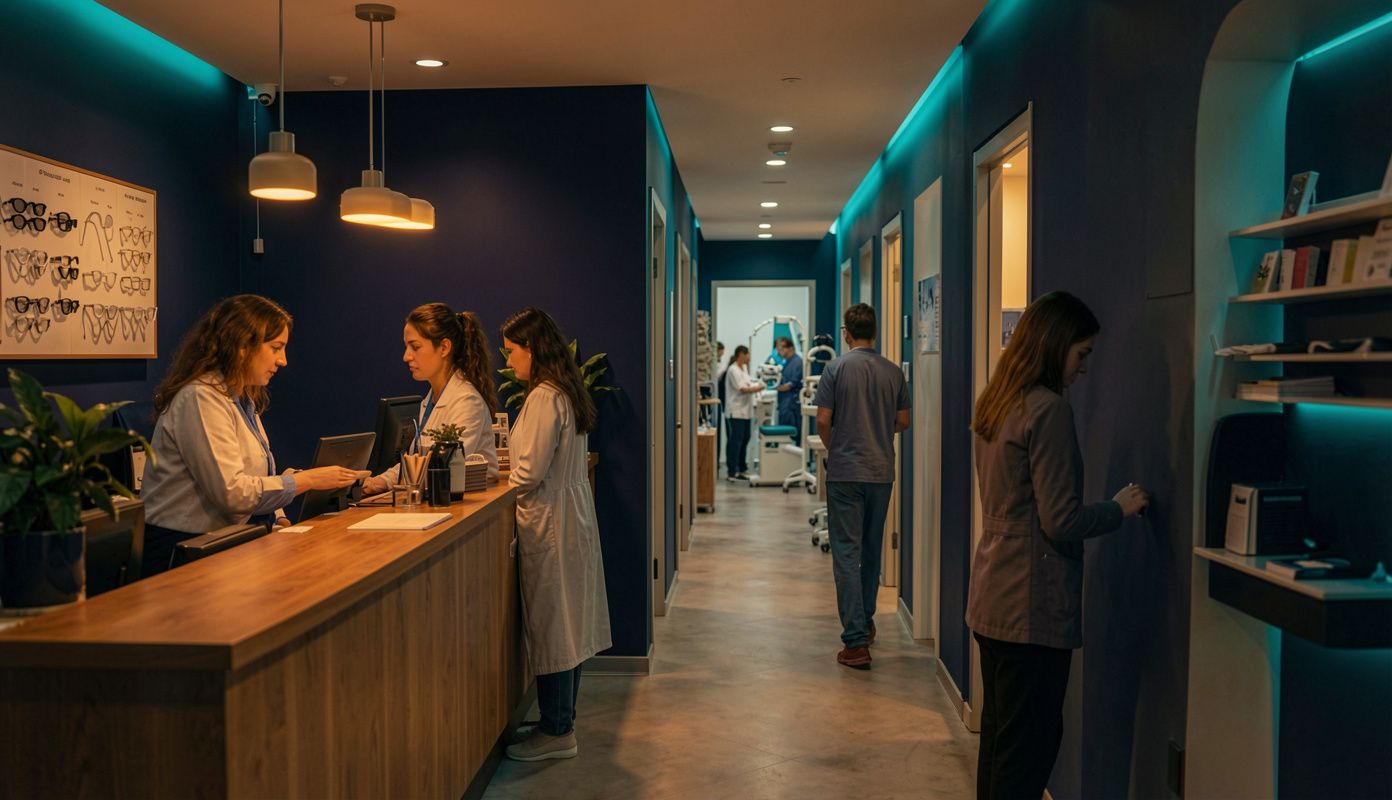 The Vision Center of Santa Maria team at work in the reception area and clinical corridor