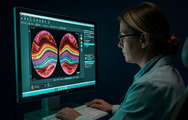 An optometrist reviewing diagnostic eye imaging on a monitor