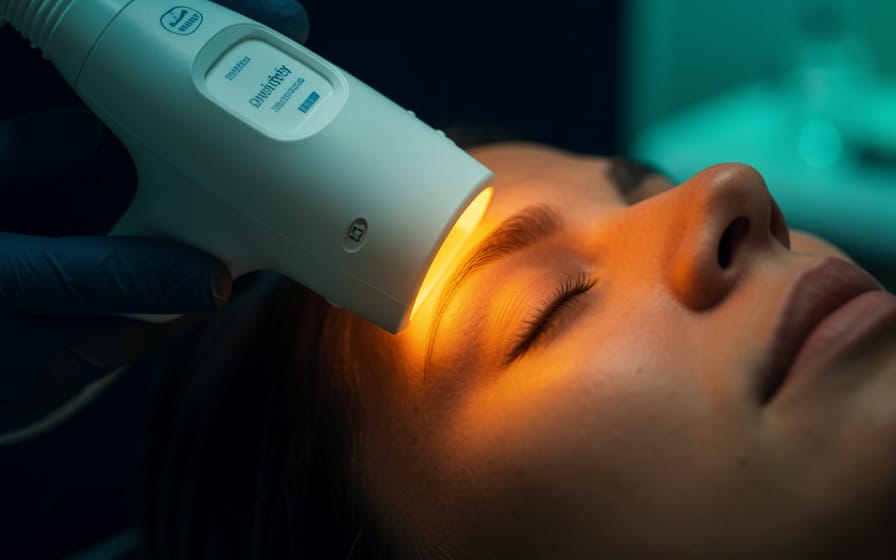 Dry eye treatment being performed with visible equipment