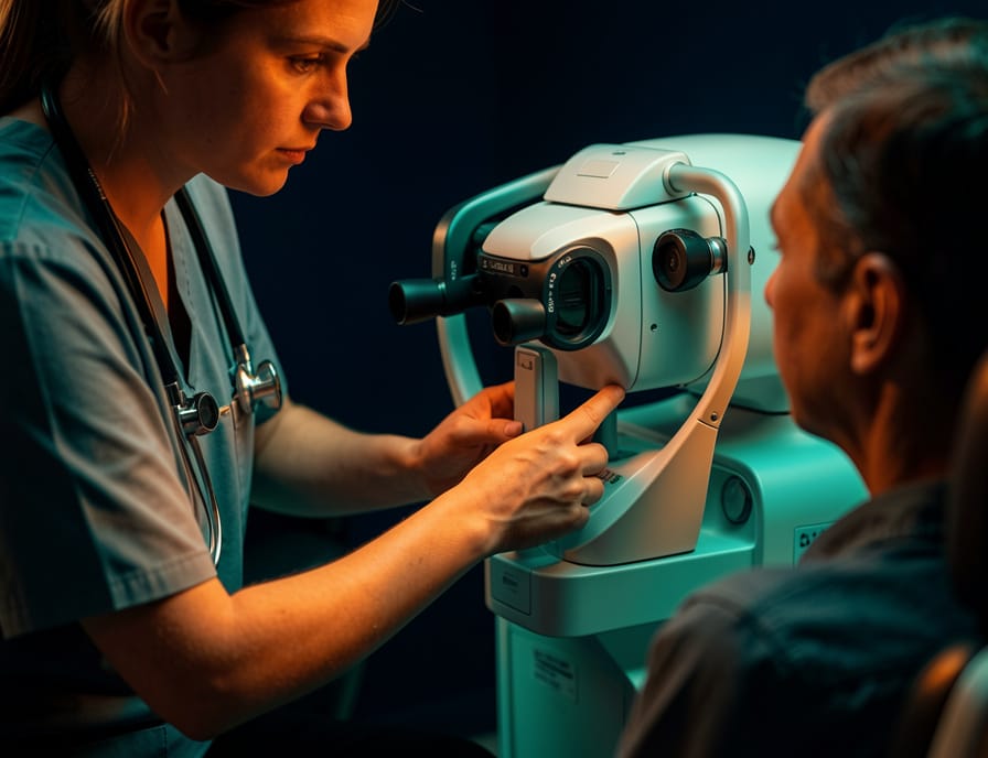A clinical technician guiding a patient through diagnostic imaging