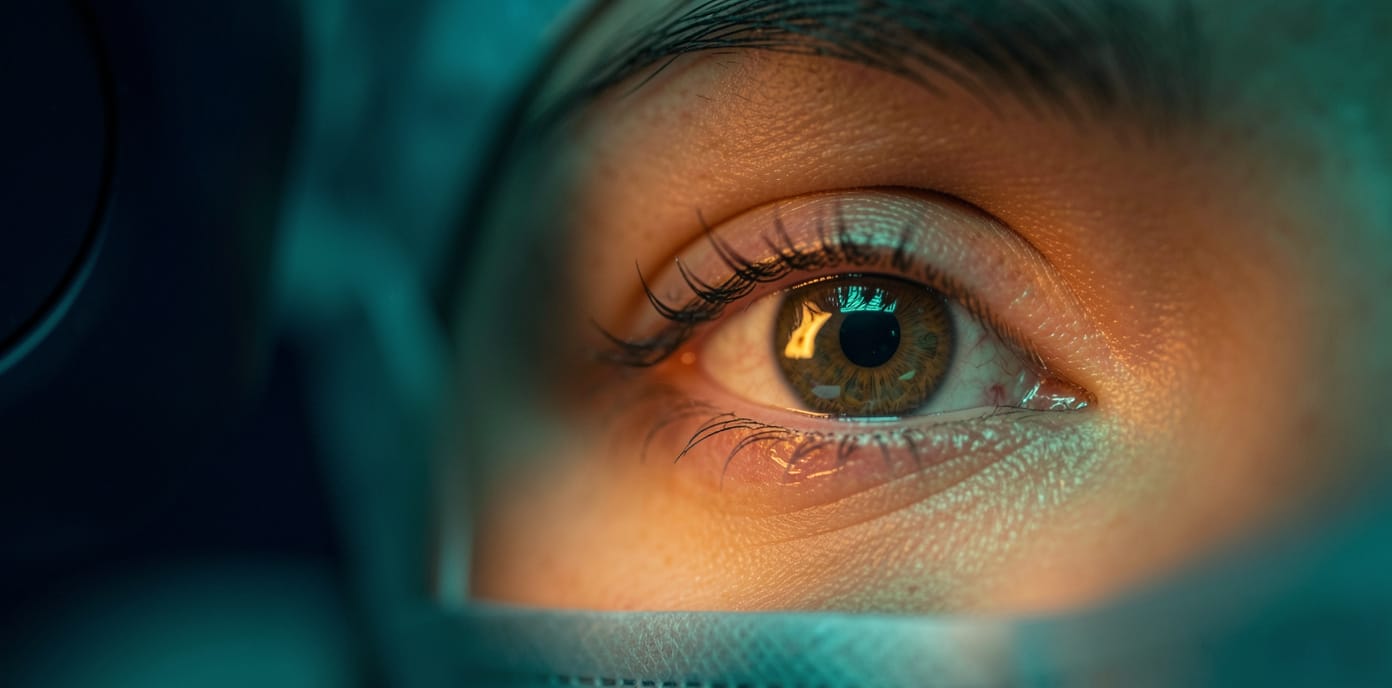 Close examination of a patient's tear film under slit lamp illumination during a dry eye evaluation