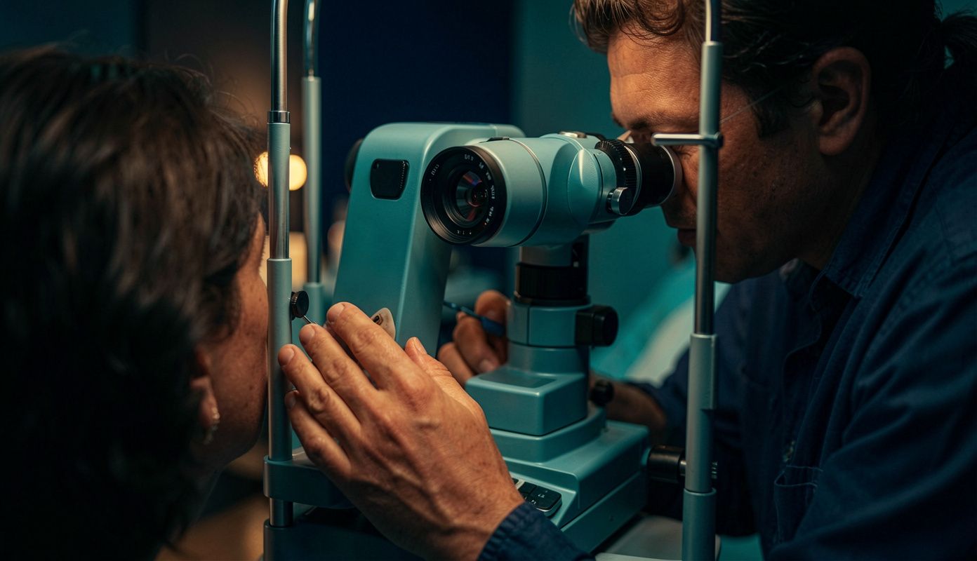 Optometrist performing a slit-lamp examination