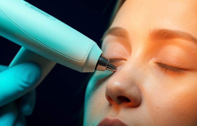 Eyelid gland imaging being performed in a clinical exam room