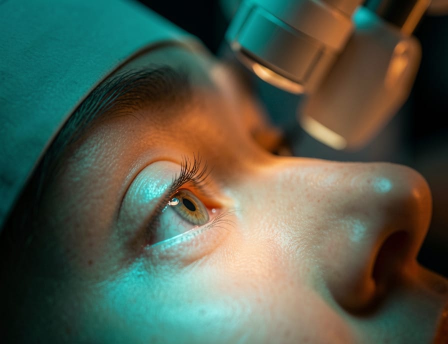 Close examination of a patient's eye surface during a dry eye evaluation