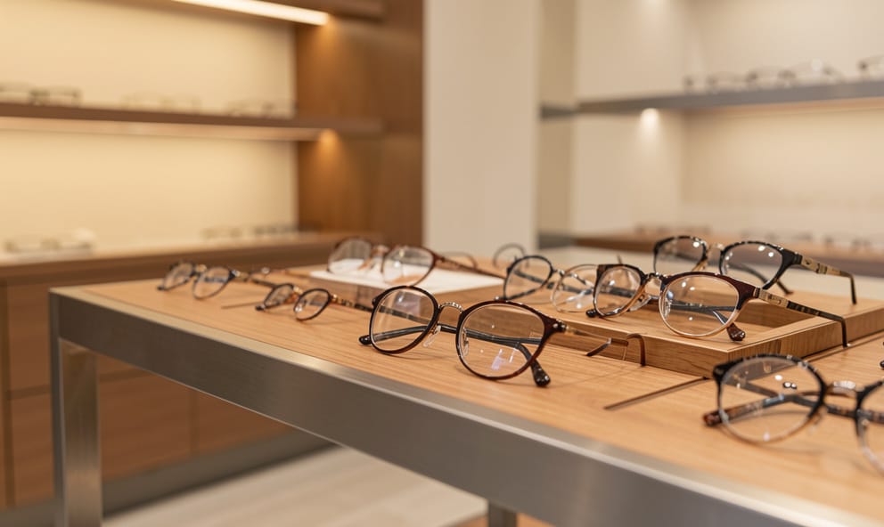 Eyeglass frames displayed in the on-site optical at Vision Center of Santa Maria