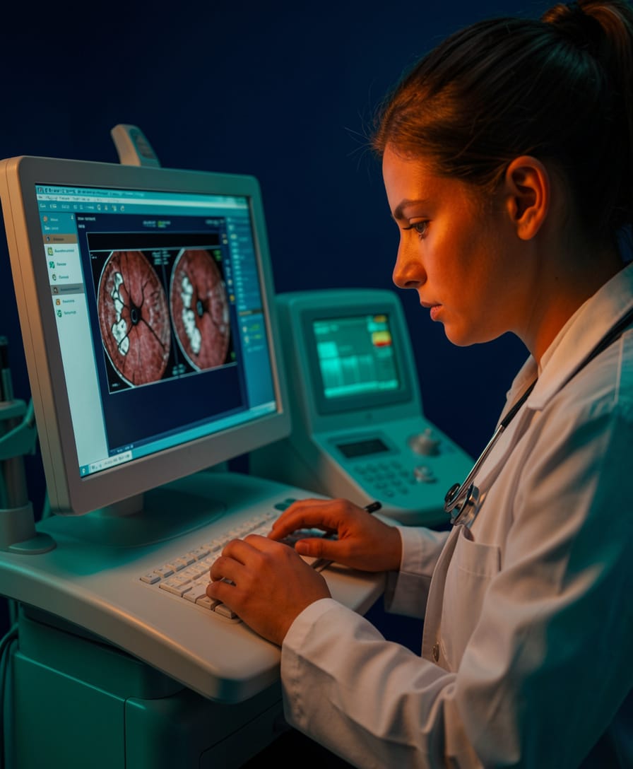 An optometrist reviewing retinal imaging results at a diagnostic workstation